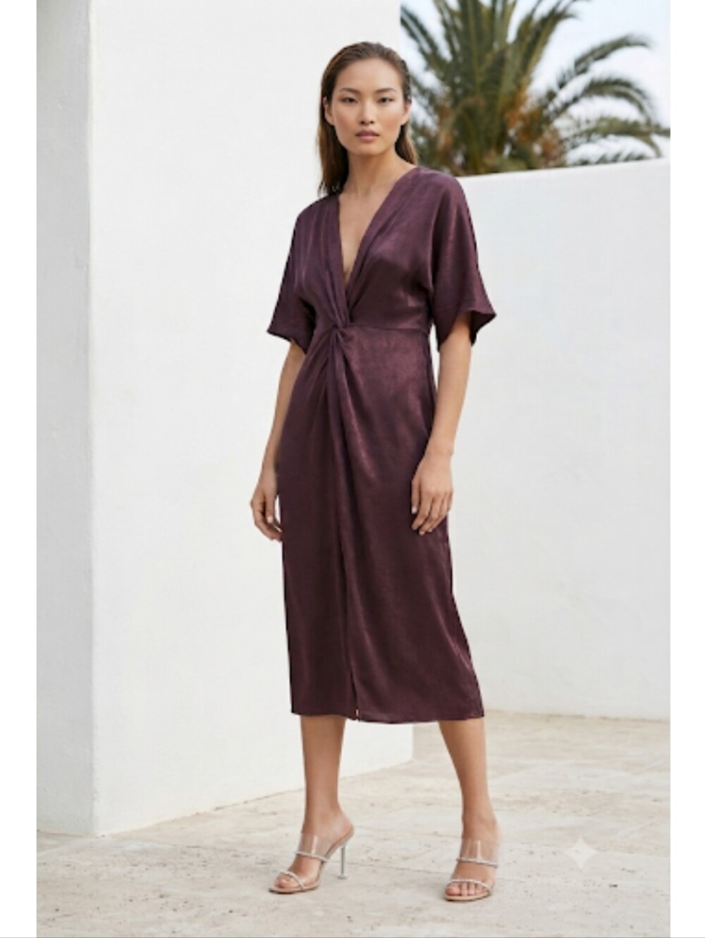 ZARA Plum Satin V-Neck Front Twist Midi Dress Size XS